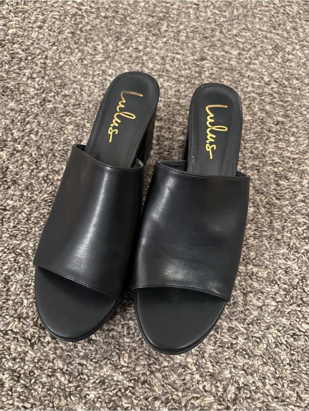 Lulu's Black Leather Open-Toe Slide Mules
